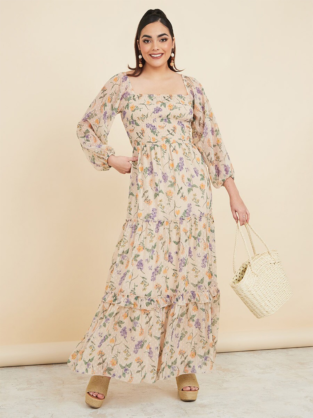 

Styli Beige Floral Printed Square Neck Puff Sleeves Tiered Maxi Dress