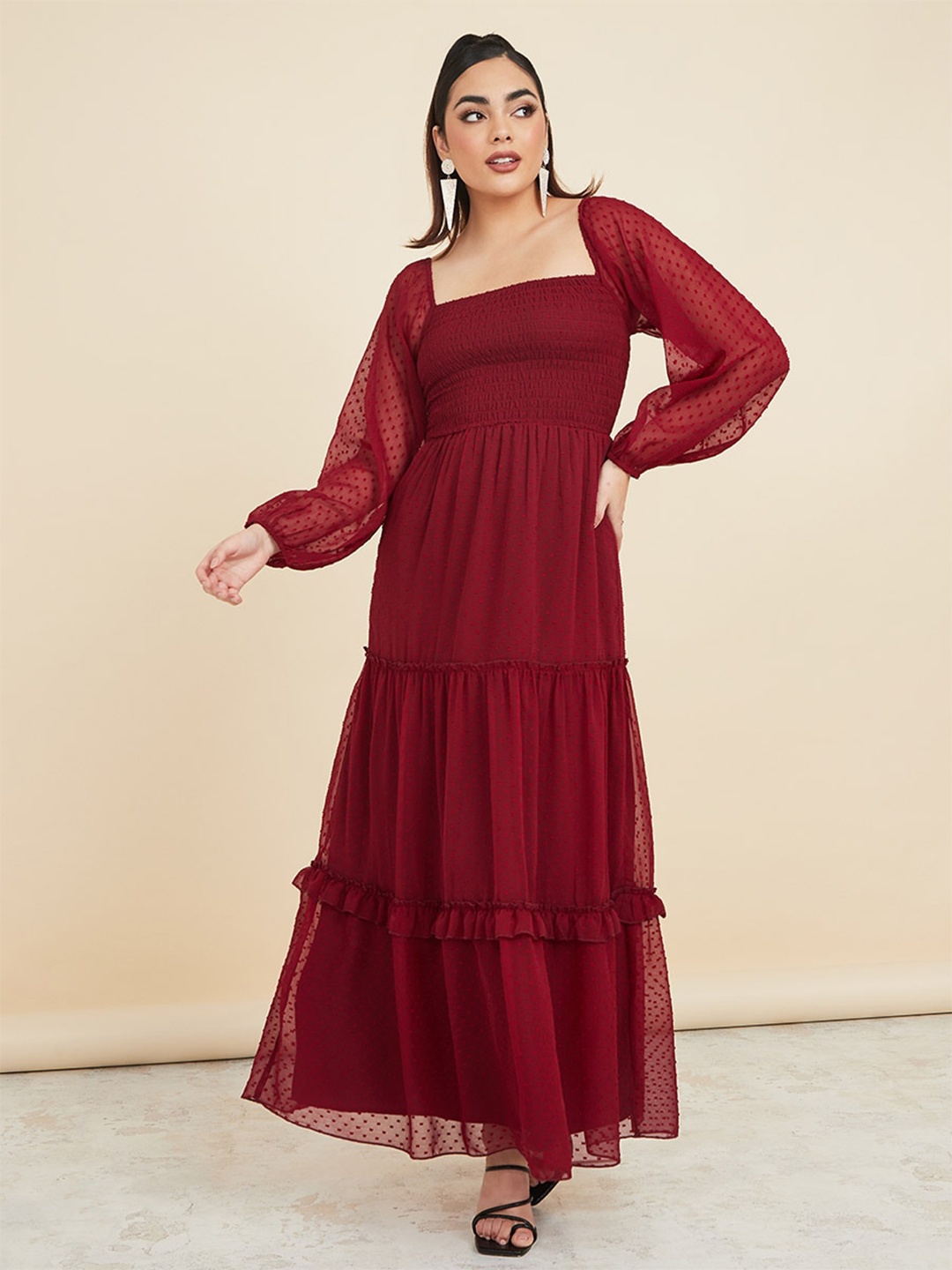 

Styli Burgundy Square Neck Puff Sleeve Tiered Smocked Maxi Dress