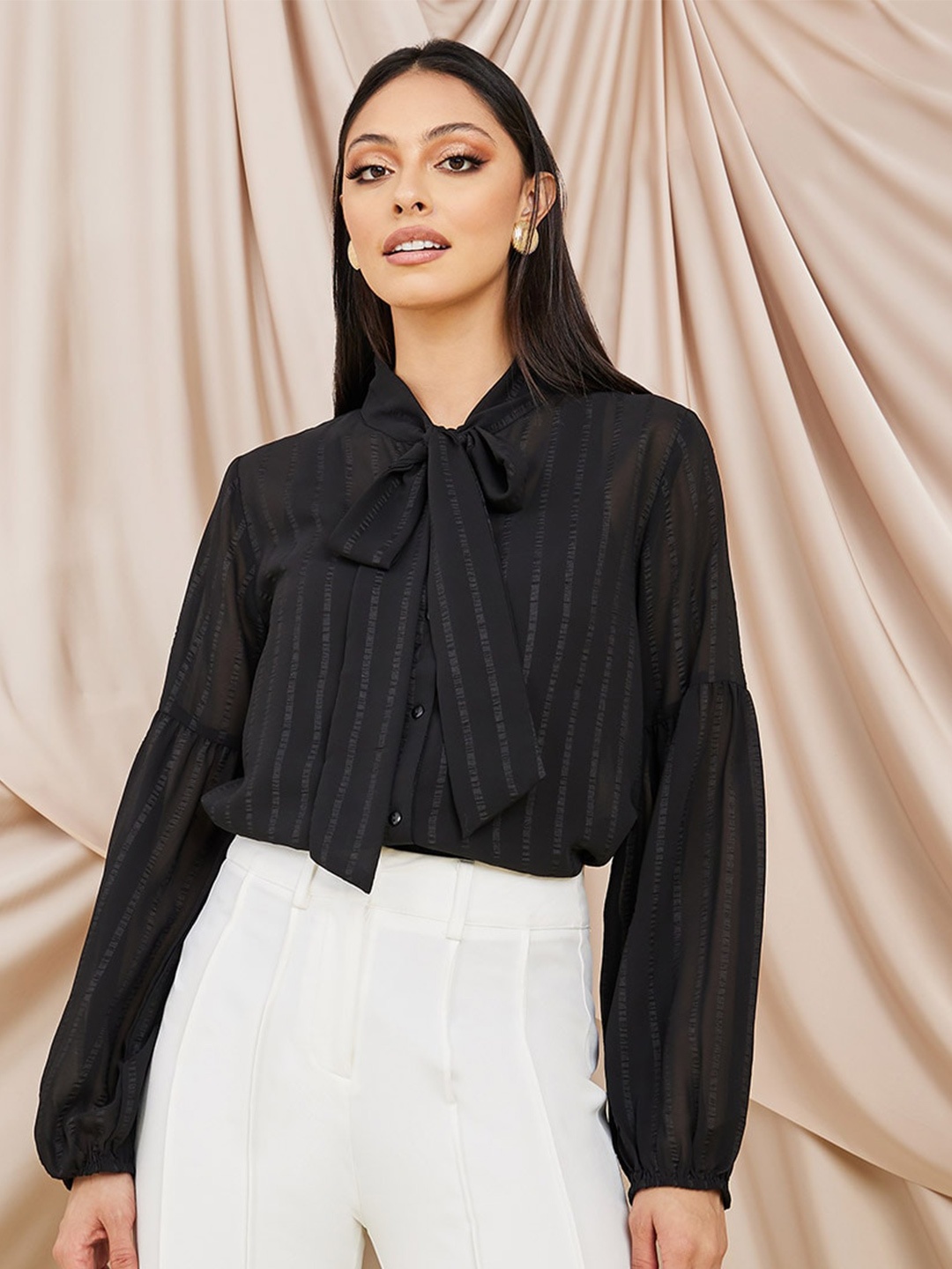 

Styli Black Tie-Up Neck Puff Sleeves Shirt Style Top