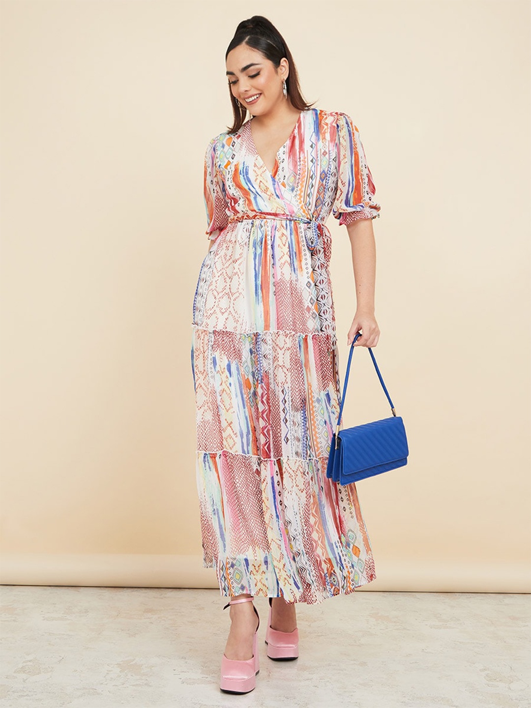 

Styli Printed Puff Sleeves Tiered Wrap Maxi Dress, Beige