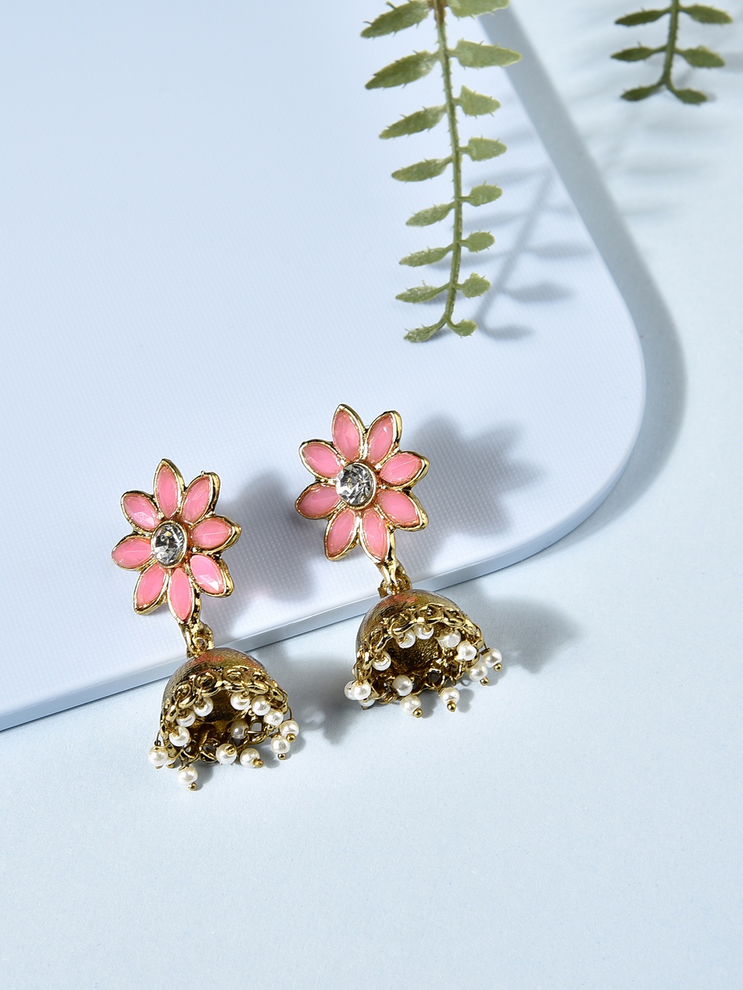 

Fida Gold-Toned & Pink Floral Jhumkas