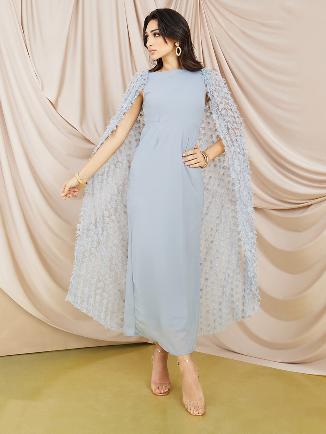 

Styli Blue Boat Neck Cape Sleeve Maxi Dress