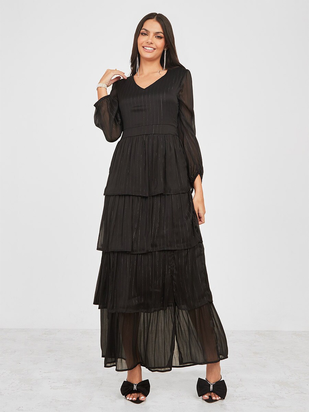 

Styli Black V-Neck Puff Sleeves Layered Maxi Dress