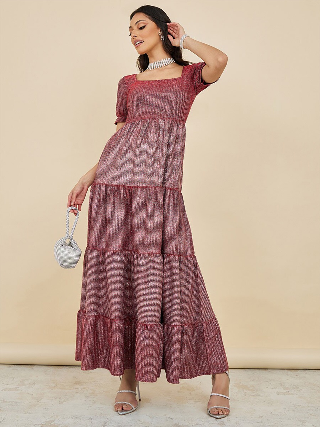 

Styli Pink Square Neck Puff Sleeves Tiered Maxi Dress