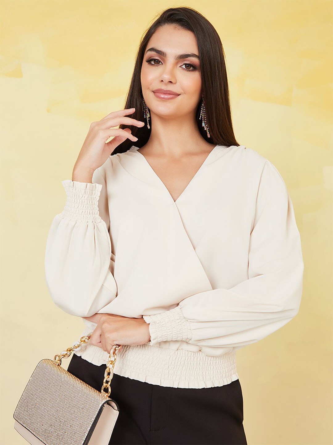 

Styli V Neck Smocking Detail Wrap Top, Beige