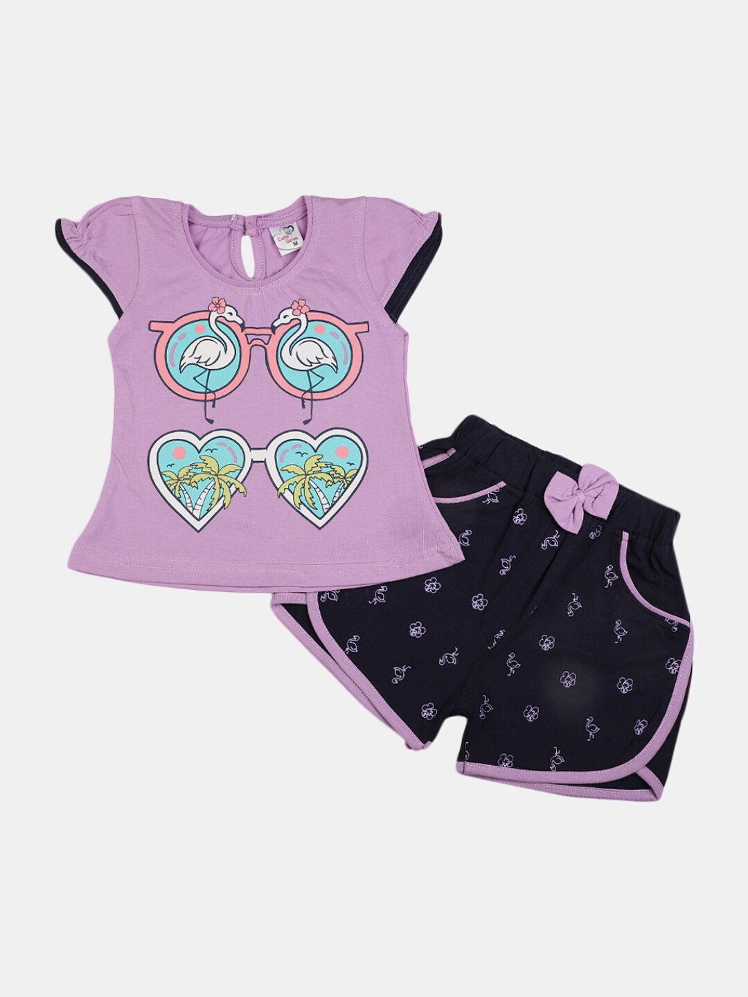 

V-Mart Infant Girls Printed Pure Cotton Round Neck Top with Shorts Clothing Set, Purple