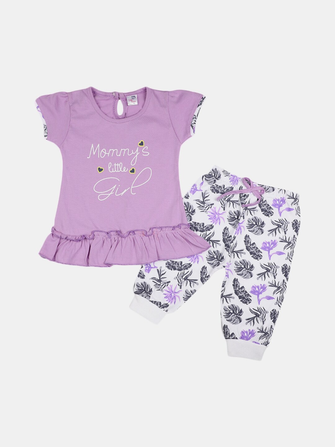 

V-Mart Infant Girls Printed Pure Cotton T-shirt with Trousers, Purple
