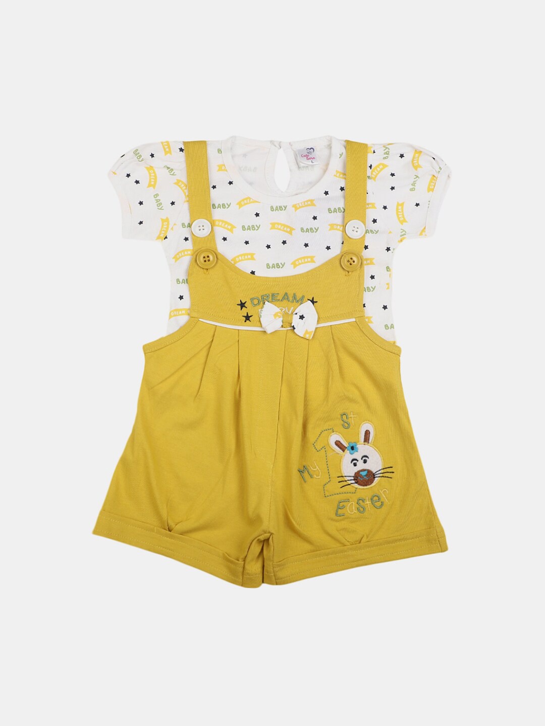 

V-Mart Infants Printed Pure Cotton T-shirt with Dungeree, Yellow