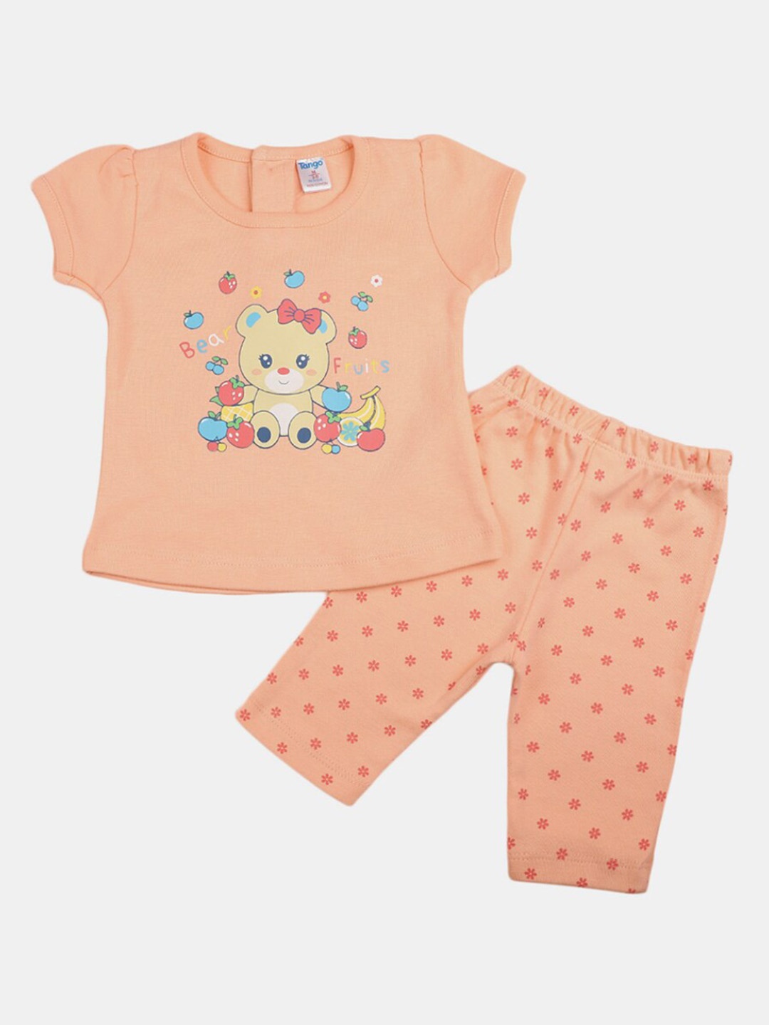 

V-Mart Infant Girls Printed Pure Cotton Round Neck Top with Pyjamas Clothing Set, Peach
