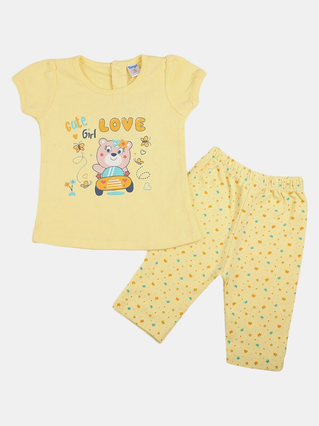 

V-Mart Infants Girls Pure Cotton Printed T-shirt with Pyjamas, Yellow