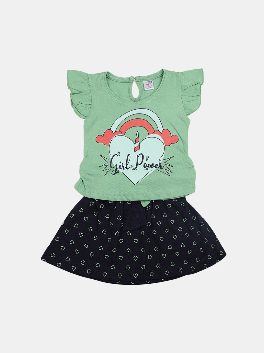 

V-Mart Infants Printed Round Neck Pure Cotton Top with Skirt, Green