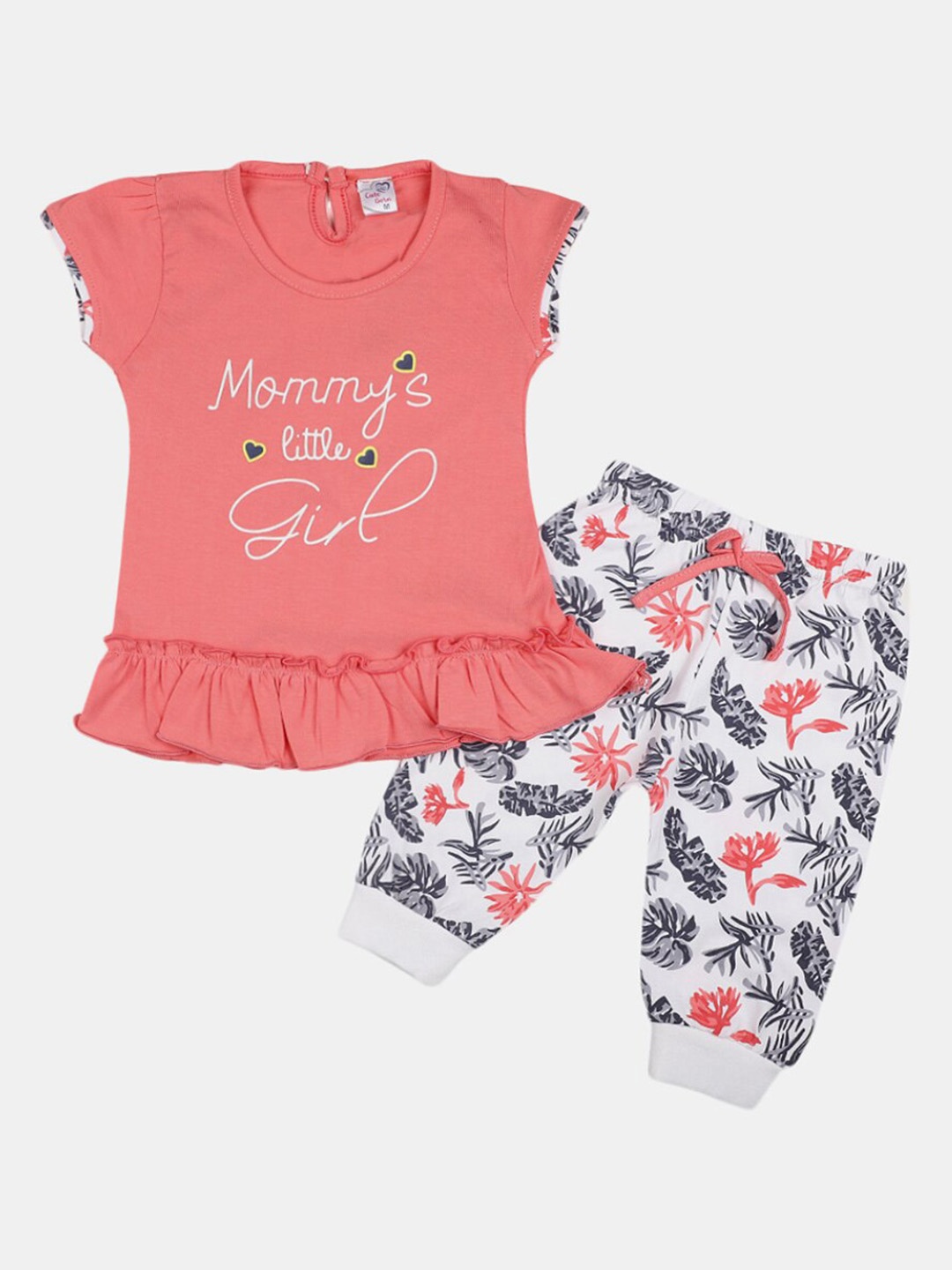 

V-Mart Infant Girls Pure Cotton Printed T-shirt with Pyjamas, Pink