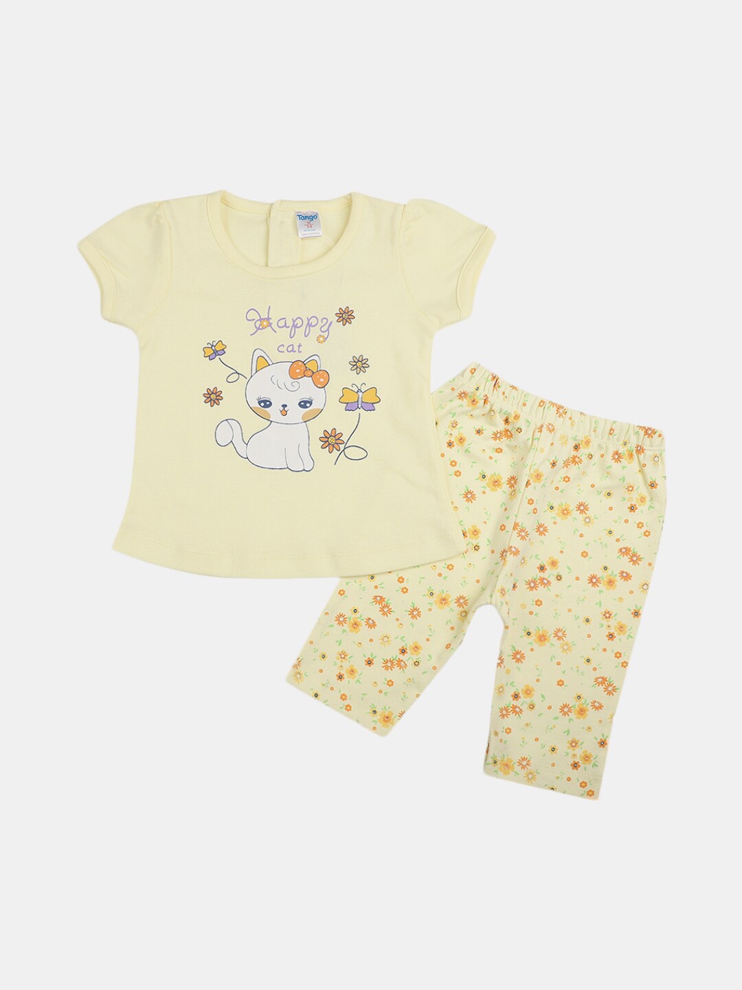 

V-Mart Infant Girls Printed Pure Cotton Top With Pyjamas, Yellow