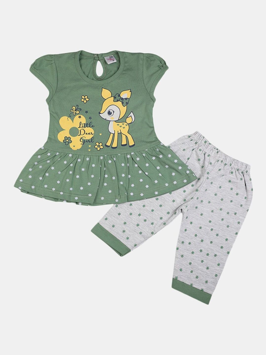

V-Mart Girls Pure Cotton Round Neck Top with Shorts, Green