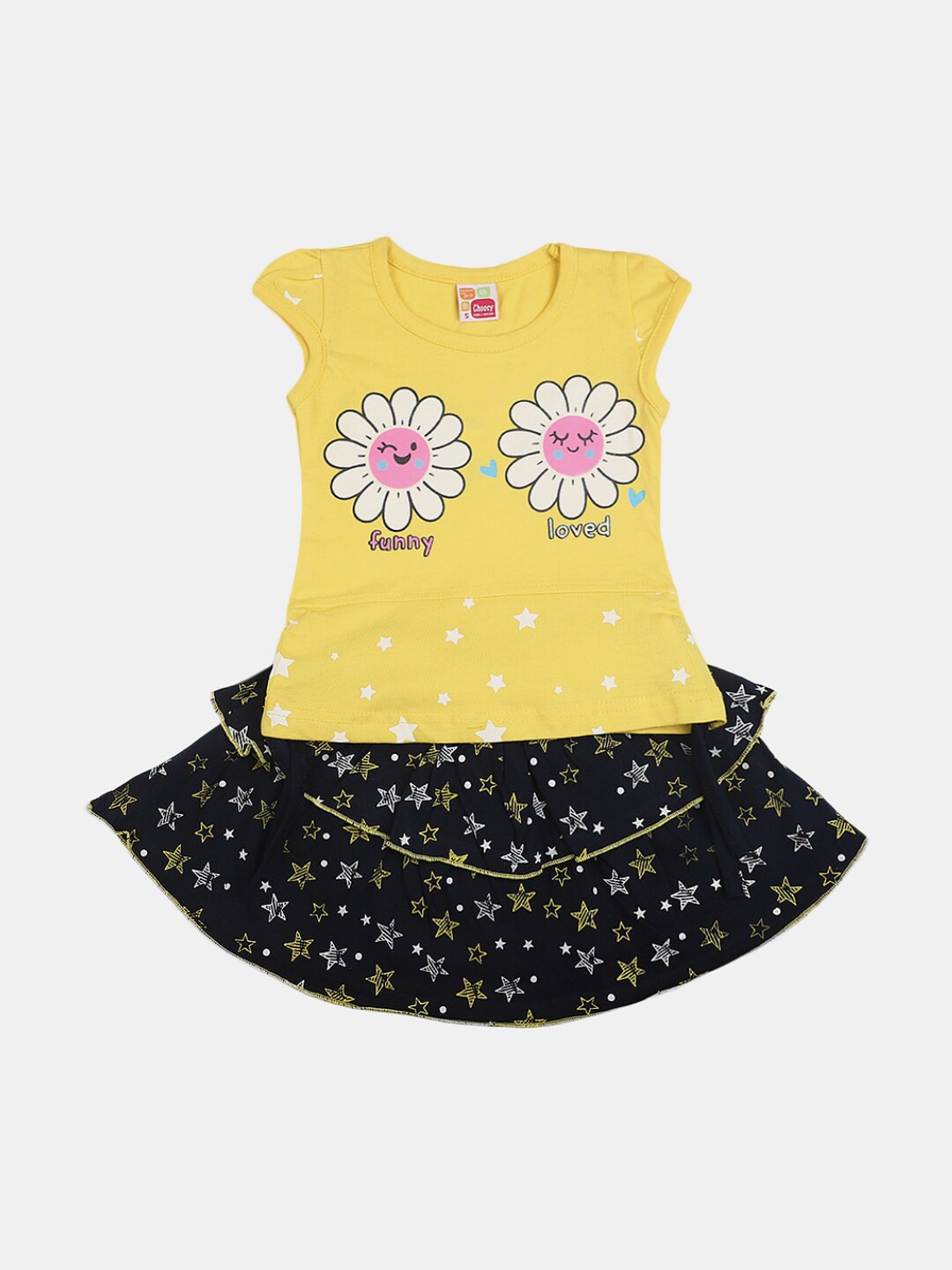 

V-Mart Infant Girls Printed Pure Cotton Top with Skirt, Yellow