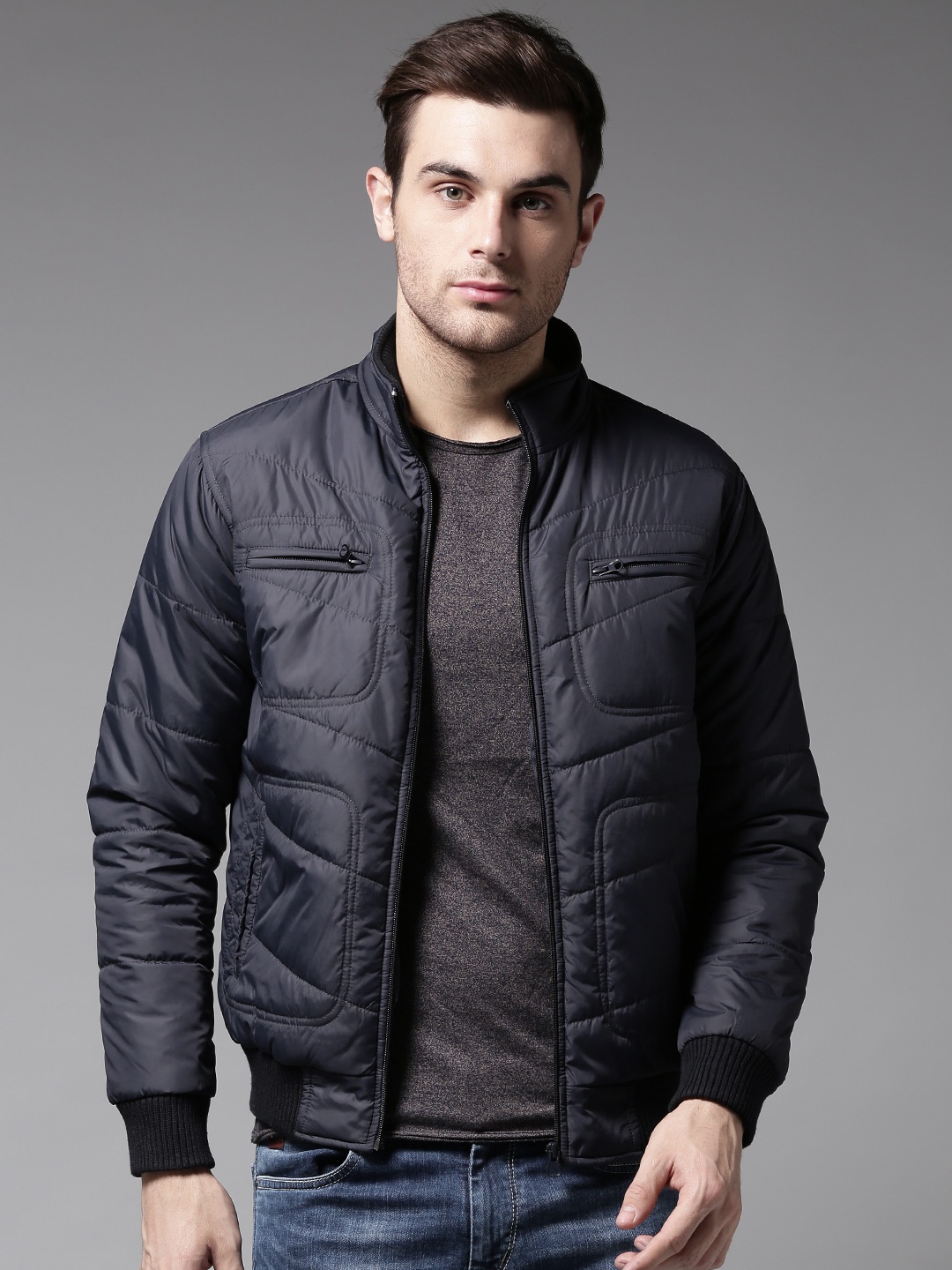 

HERE&NOW Men Navy Blue Solid Bomber Jacket