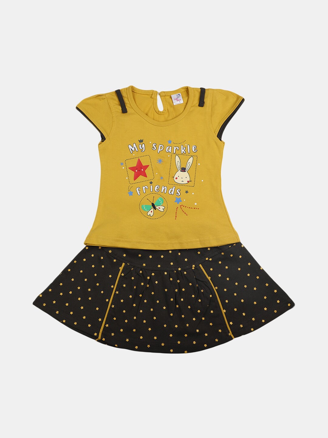 

V-Mart Infant Girls Printed Pure Cotton Round Neck Top with Skirt Clothing Set, Mustard