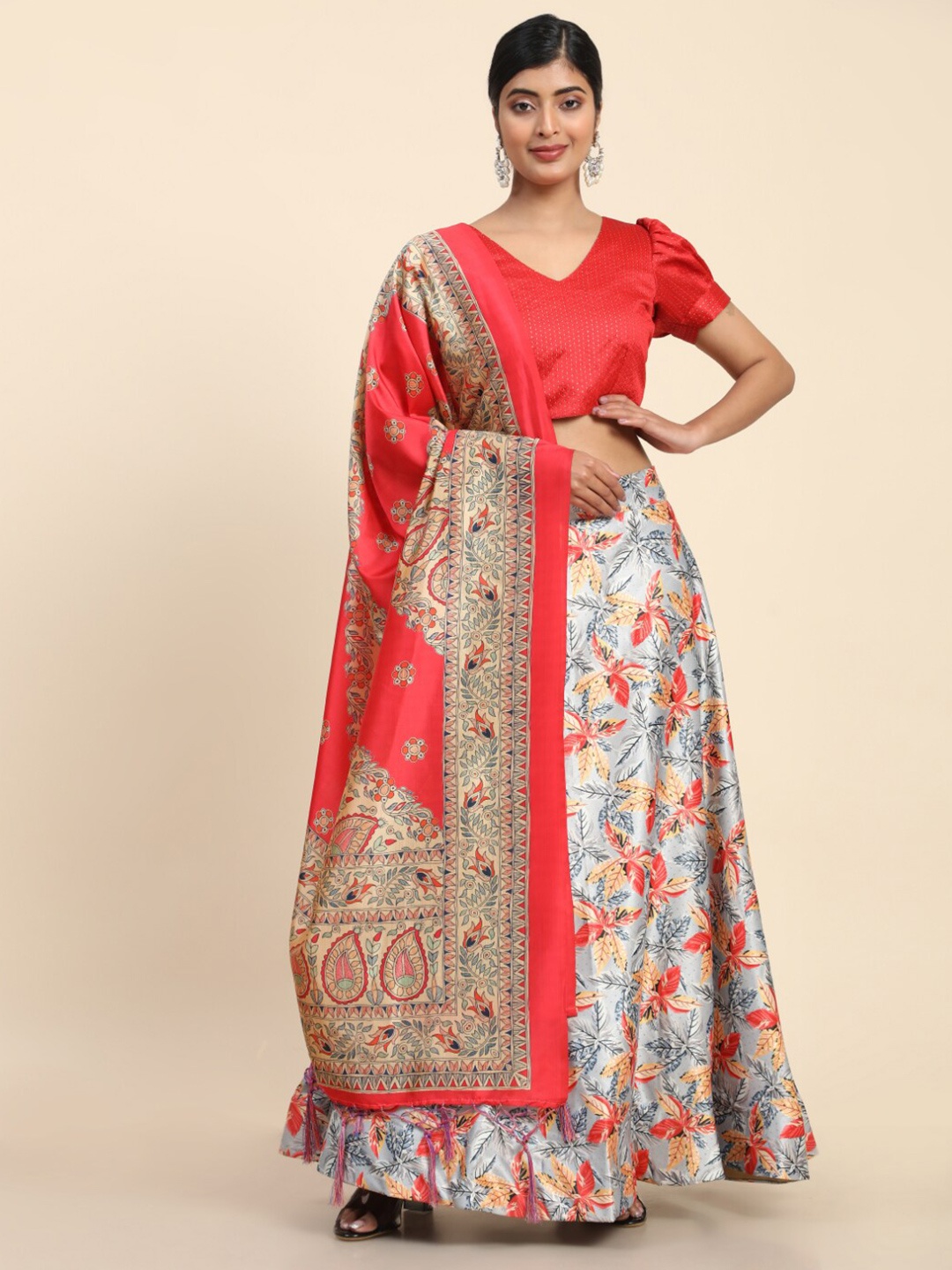 

Kaizen TEXO FAB Digital Printed Semi-Stitched Lehenga & Unstitched Blouse With Dupatta, Coral