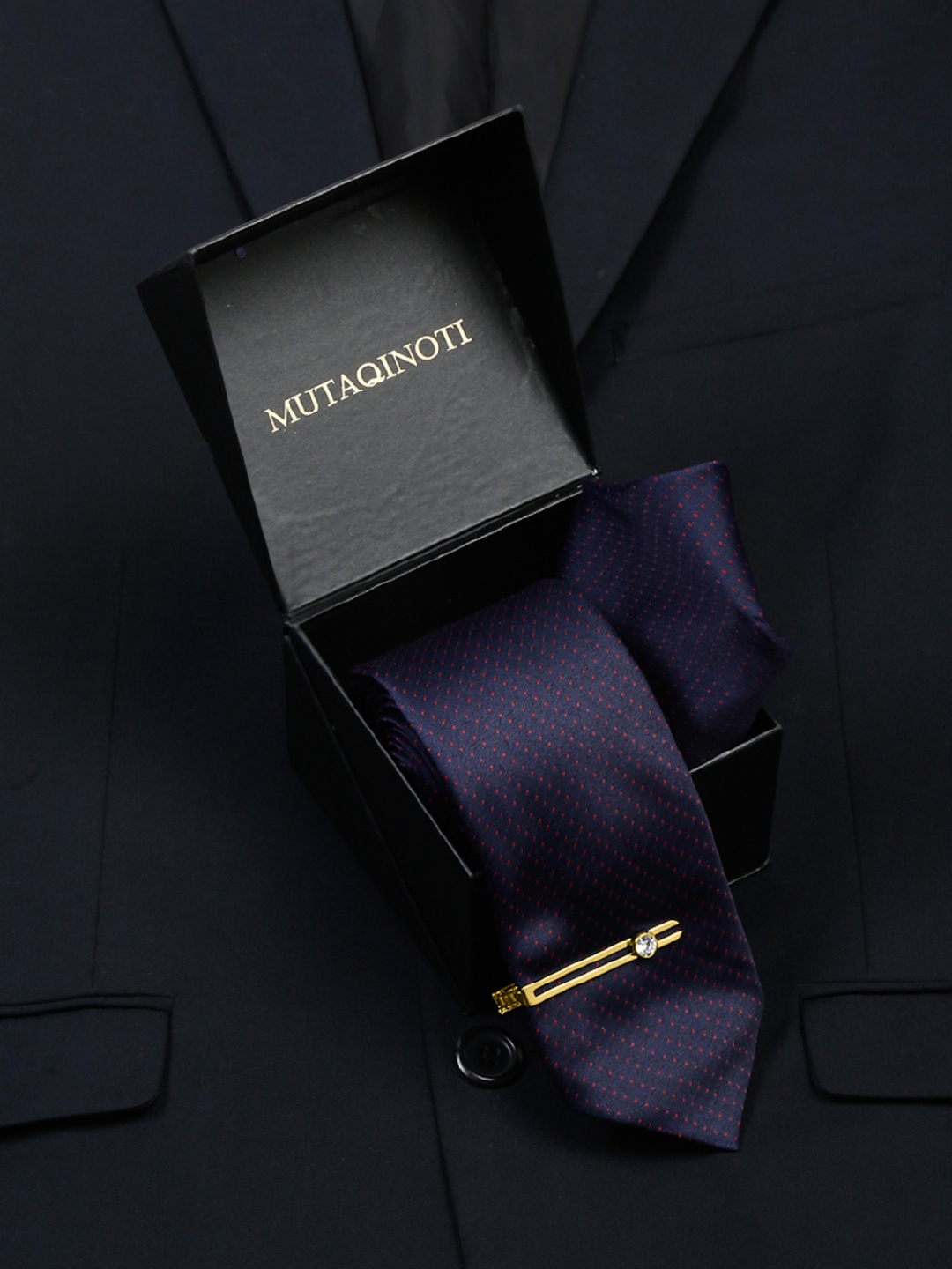 

MUTAQINOTI Men Silk Necktie Accessory Gift Set, Navy blue