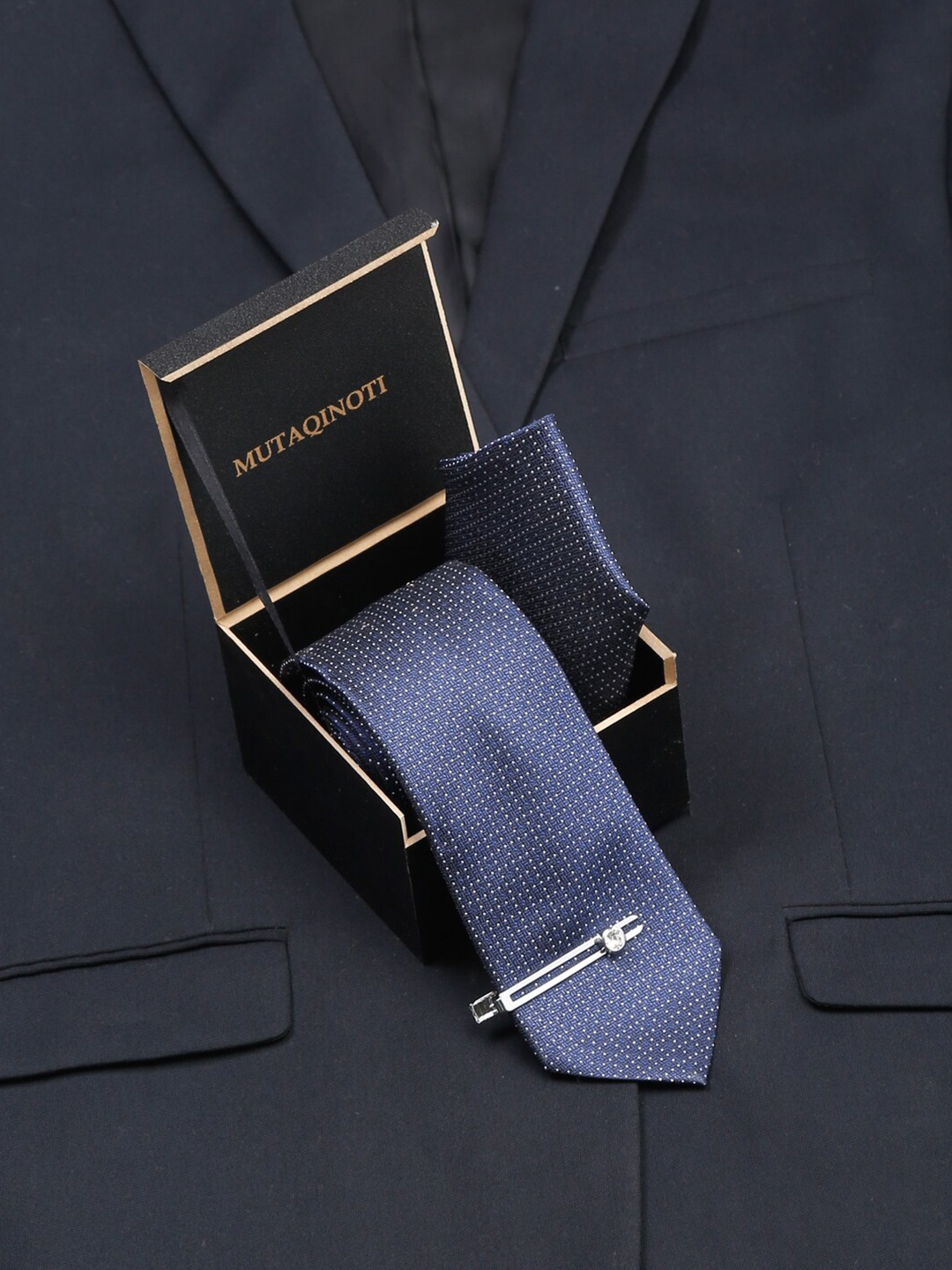 

MUTAQINOTI Men Printed Silk Formal Accessory Gift Set, Navy blue