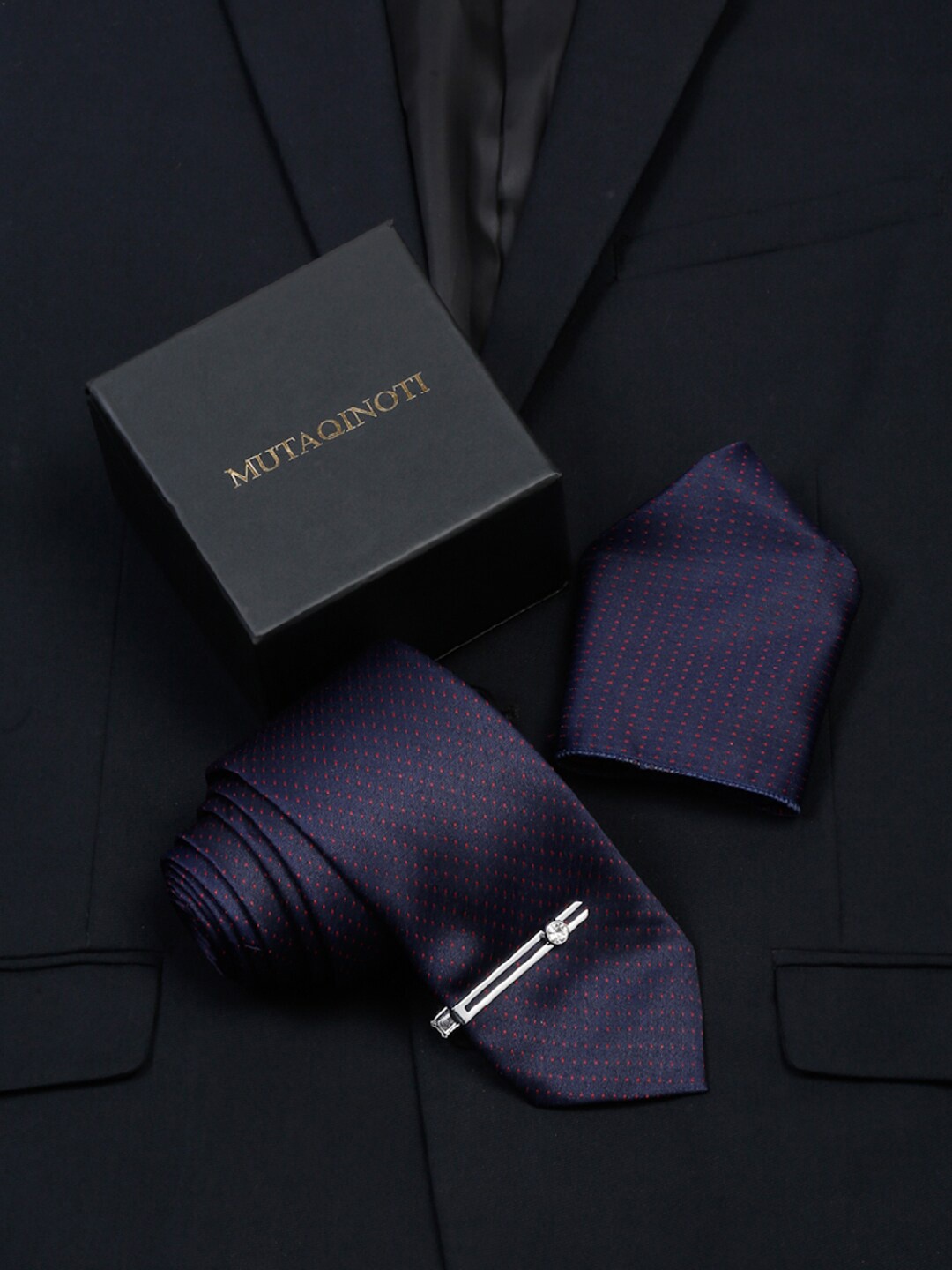 

MUTAQINOTI Men Printed Silk Blend Necktie Accessory Gift Set, Navy blue