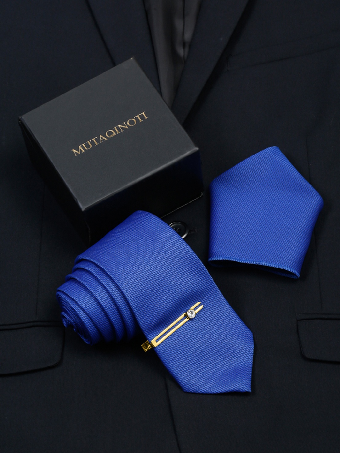

MUTAQINOTI Men Self Design Silk Blend Necktie Accessory Gift Set, Blue