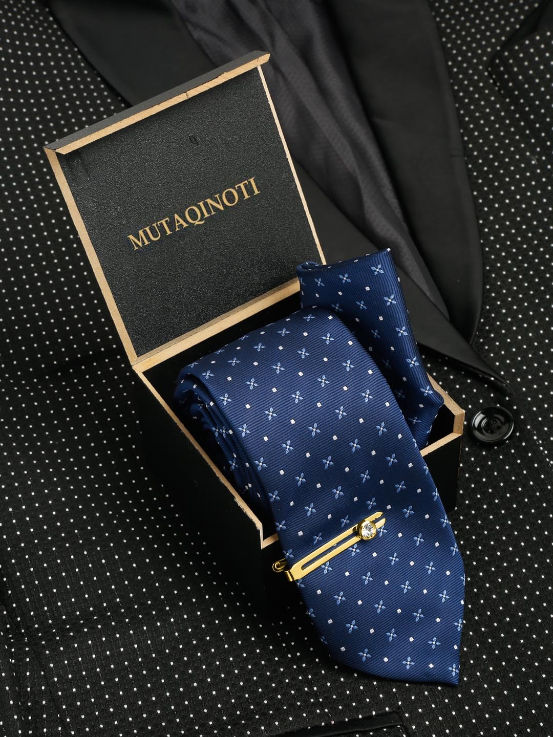 

MUTAQINOTI Men Silk Necktie Accessory Gift Set, Navy blue