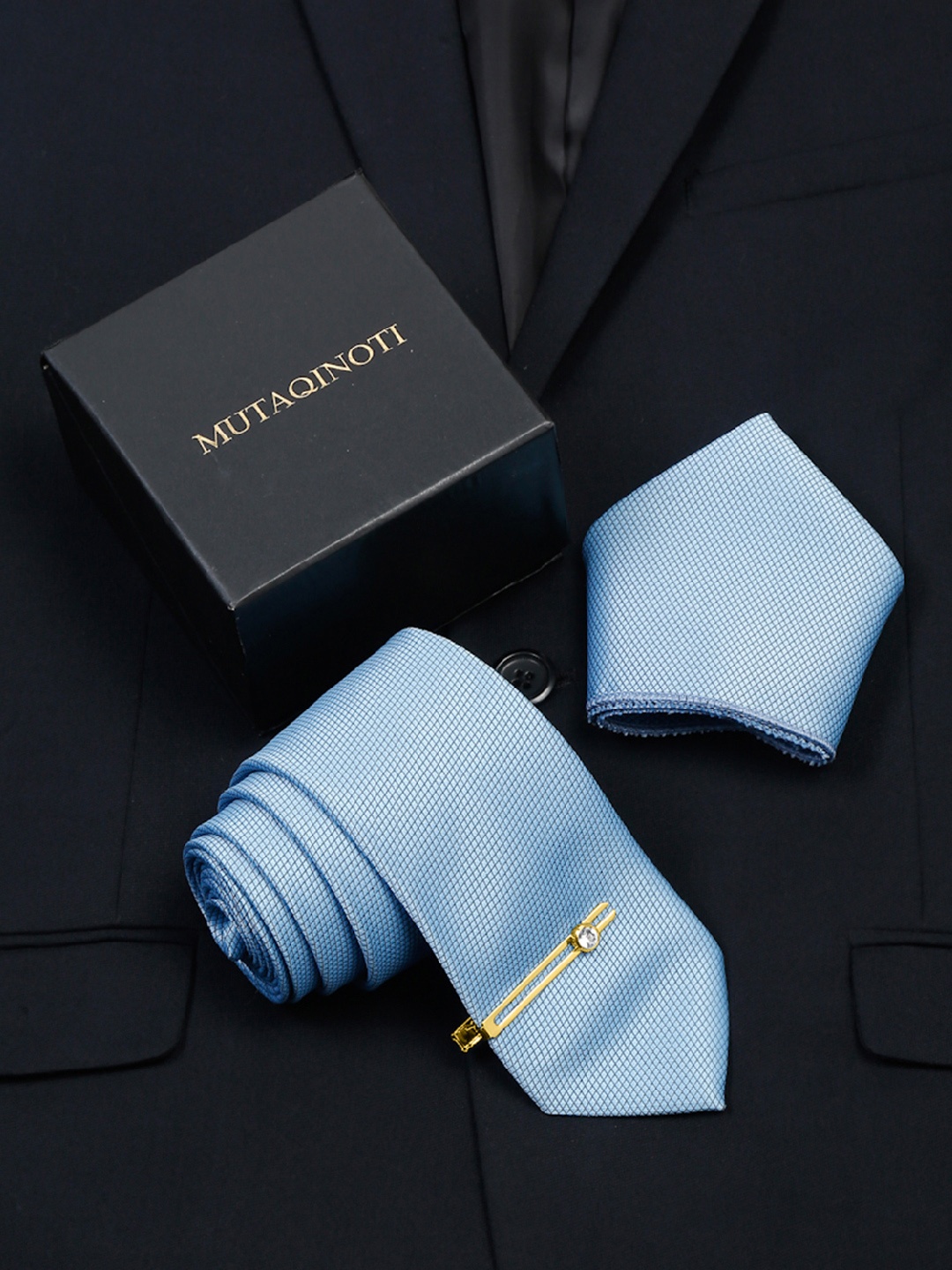 

MUTAQINOTI Men Self Design Silk Necktie Accessory Gift Set, Turquoise blue