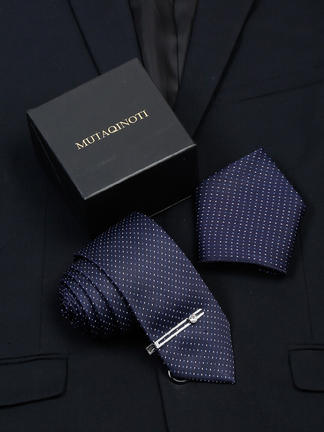 

MUTAQINOTI Men Printed Silk Blend Necktie Accessory Gift Set, Navy blue