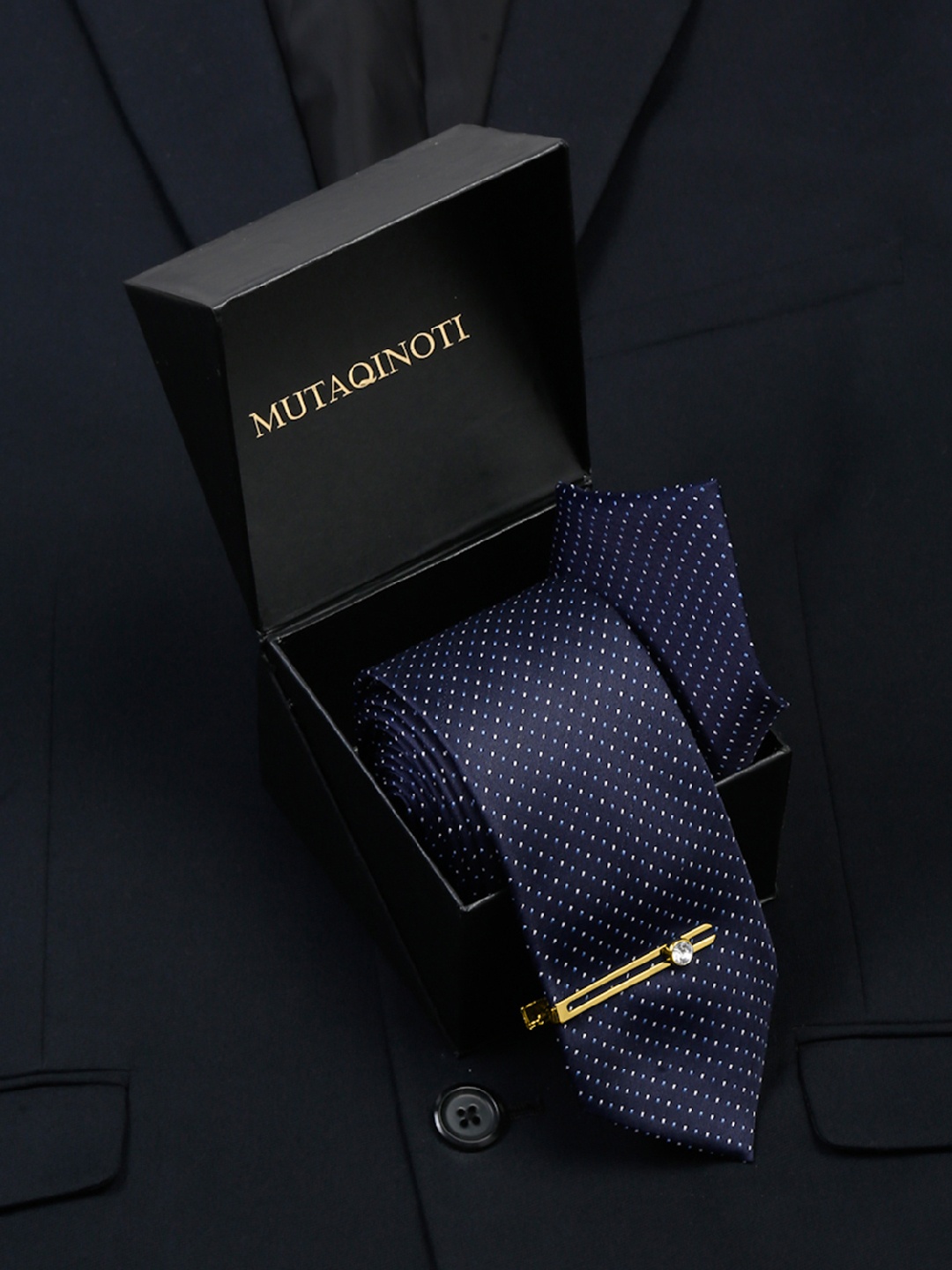 

MUTAQINOTI Men Dotted Pattern Silk Formal Accessory Gift Set, Navy blue