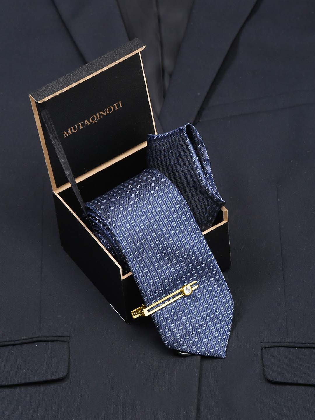 

MUTAQINOTI Men Silk Necktie Accessory Gift Set, Navy blue