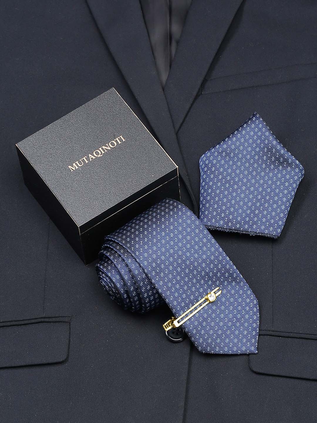 

MUTAQINOTI Men Silk Blend Necktie Accessory Gift Set, Blue