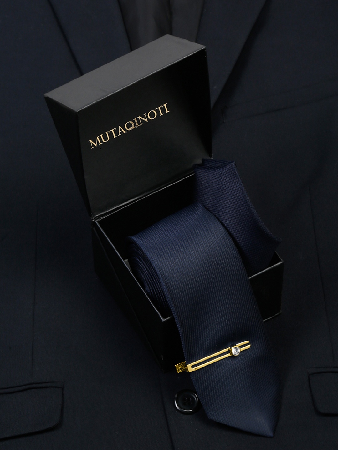 

MUTAQINOTI Men Silk Necktie Accessory Gift Set, Navy blue