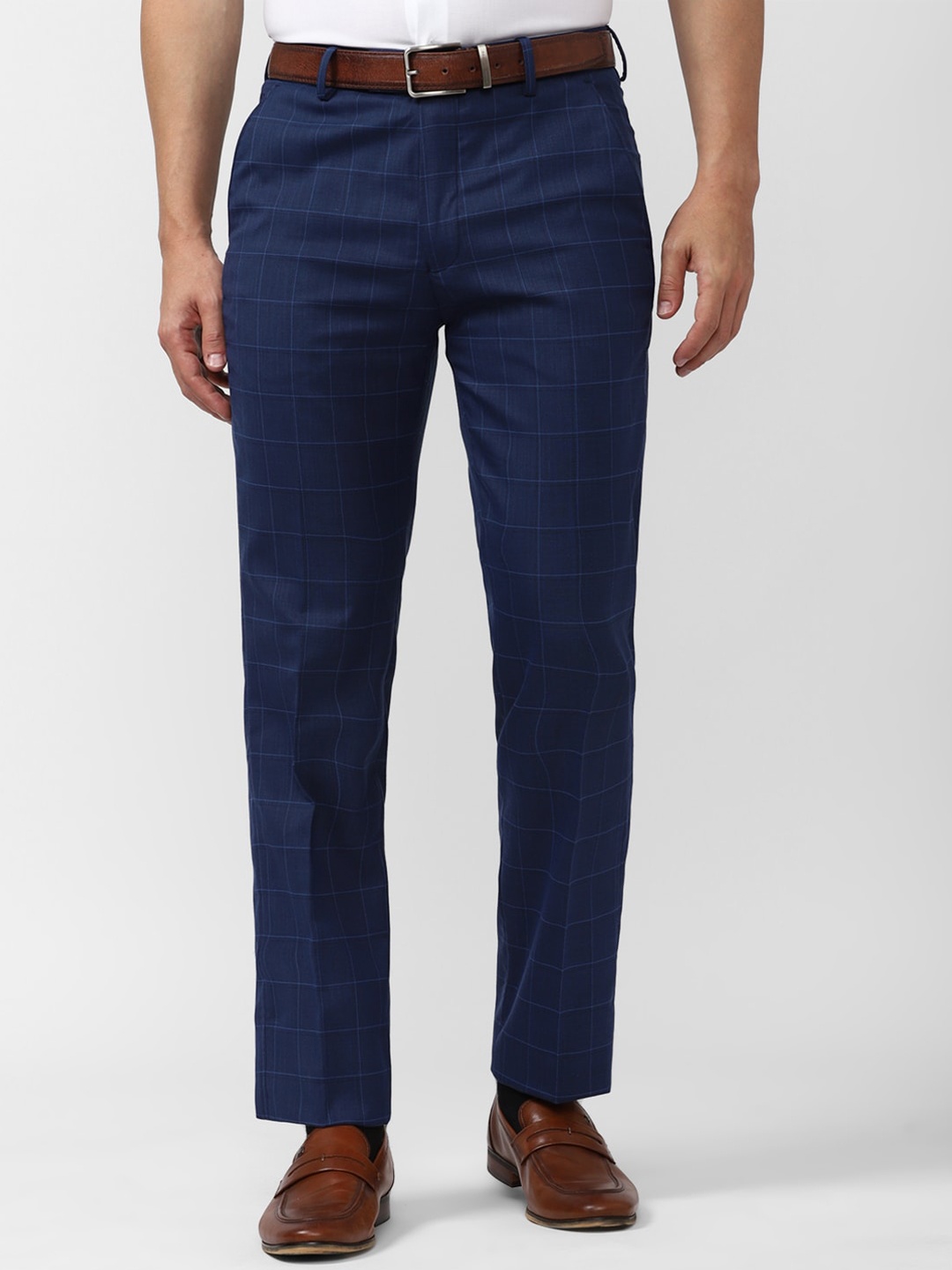 

Peter England Checked Flat-Front Mid-Rise Slim Fit Formal Trousers, Navy blue