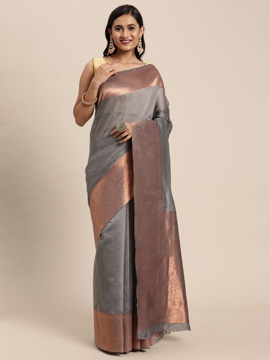 

Sangria Banarasi Traditional Saree With Paisley Woven Border, Grey