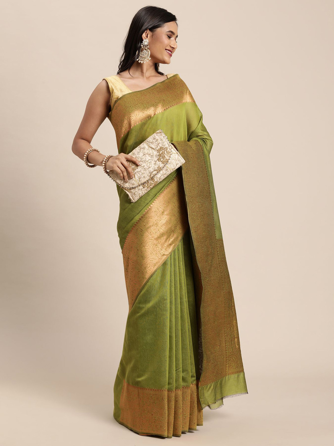 

Sangria Banarasi Traditional Saree With Paisley Woven Border, Green