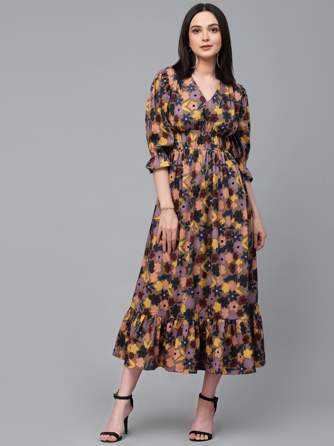 

Style Quotient V-Neck Floral Printed Ruched Fit And Flare Midi Dress, Brown