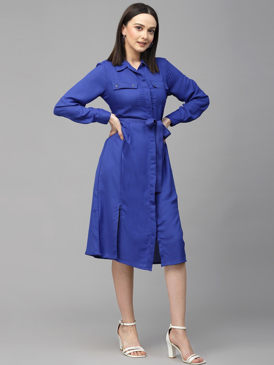 

Style Quotient Cuffed Sleeves Shirt Midi Dress With Belt, Blue