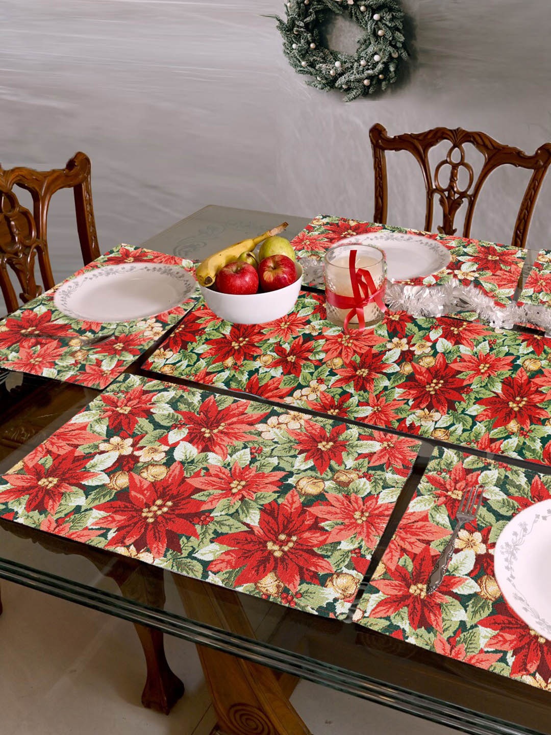 

AVI Living Red & Green 7-Pieces Floral Woven Table Placemats & Runner
