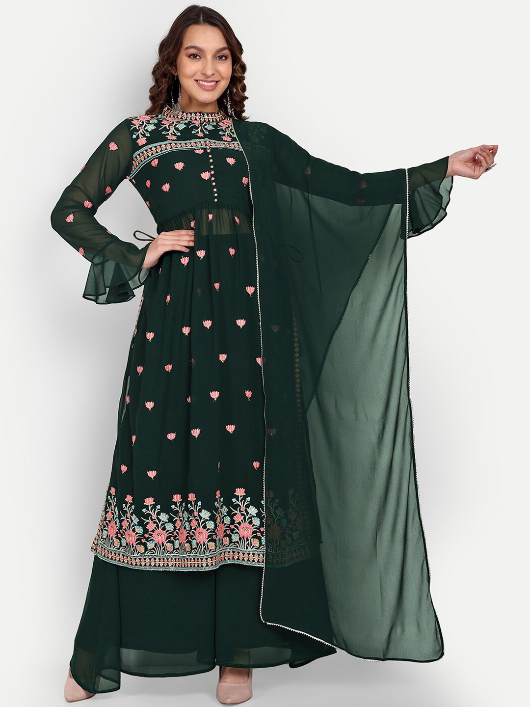 

MARGI DESIGNERS Floral Embroidered Georgette Kurta with Palazzos & Dupatta, Green