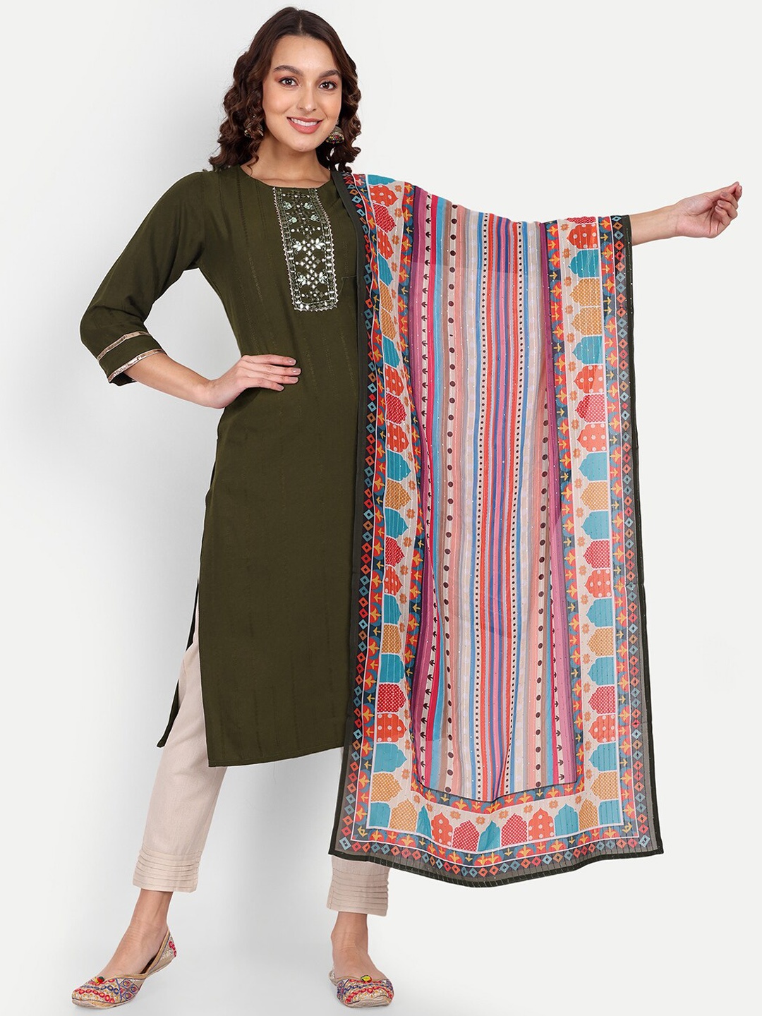 

MARGI DESIGNERS Woven Design Mirror Work Kurta with Trousers & Dupatta, Olive
