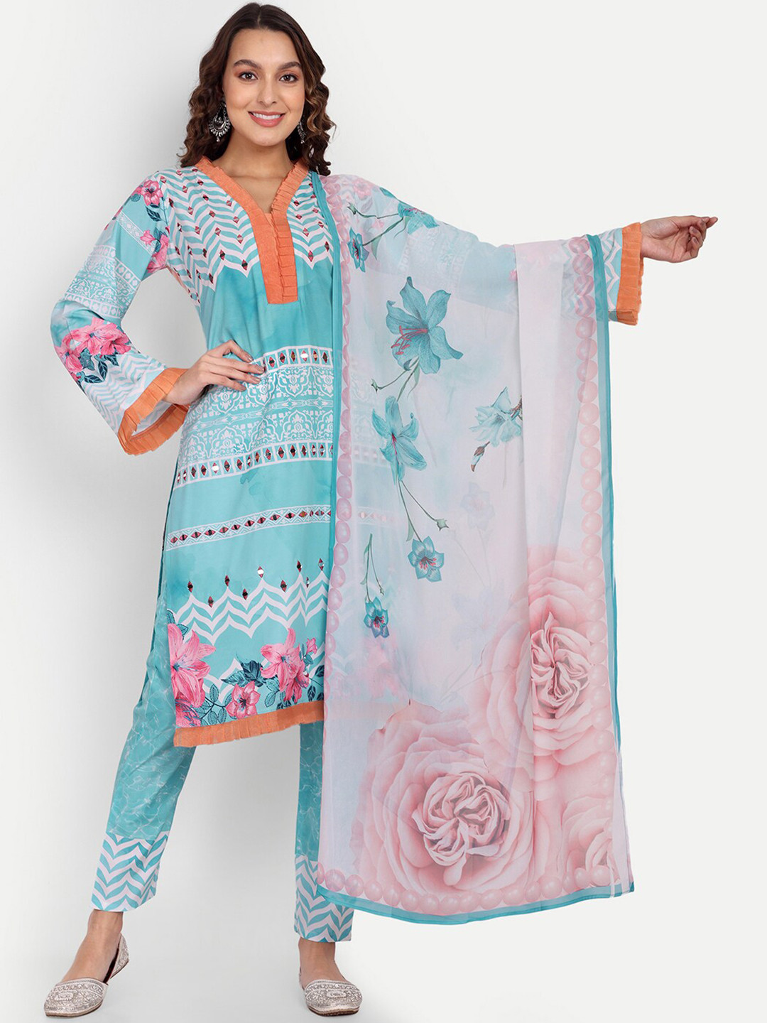 

MARGI DESIGNERS Floral Printed Mirror Work Kurta with Trousers & Dupatta, Blue