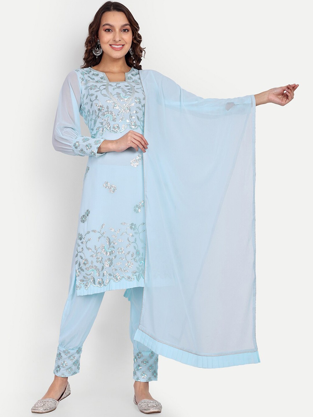 

MARGI DESIGNERS Floral Embroidered Sequined Georgette Kurta with Trousers & Dupatta, Blue