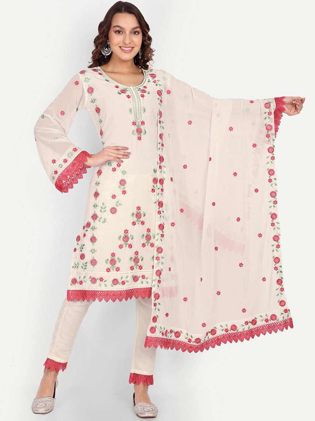 

MARGI DESIGNERS Floral Embroidered Sequined Georgette Kurta with Trousers & Dupatta, White
