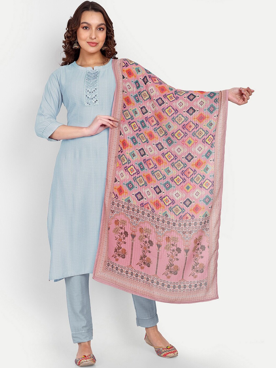 

MARGI DESIGNERS Floral Embroidered Mirror Work Kurta with Trousers & Dupatta, Blue