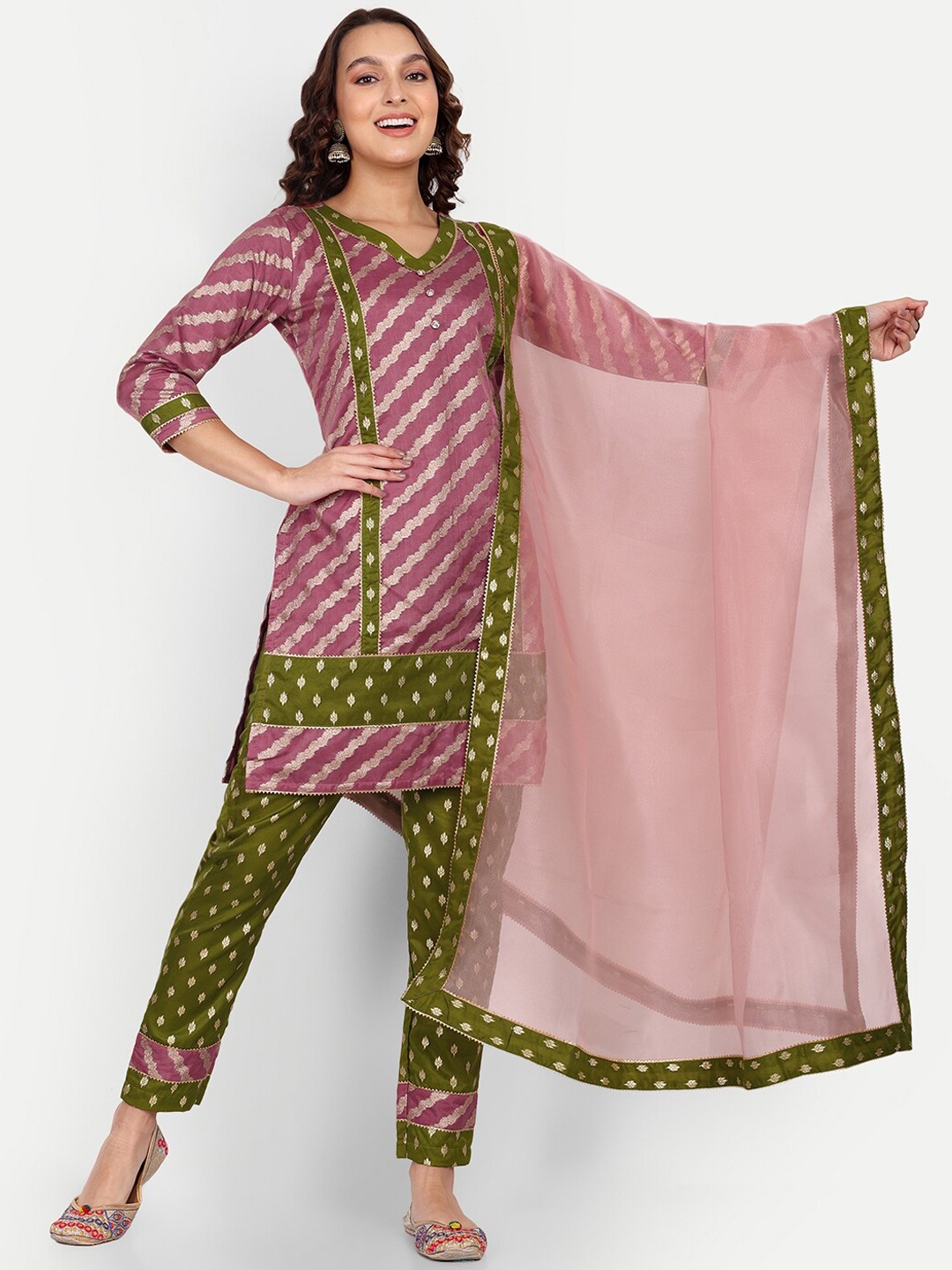 

MARGI DESIGNERS Striped Gotta Patti Kurti with Trousers & Dupatta, Pink