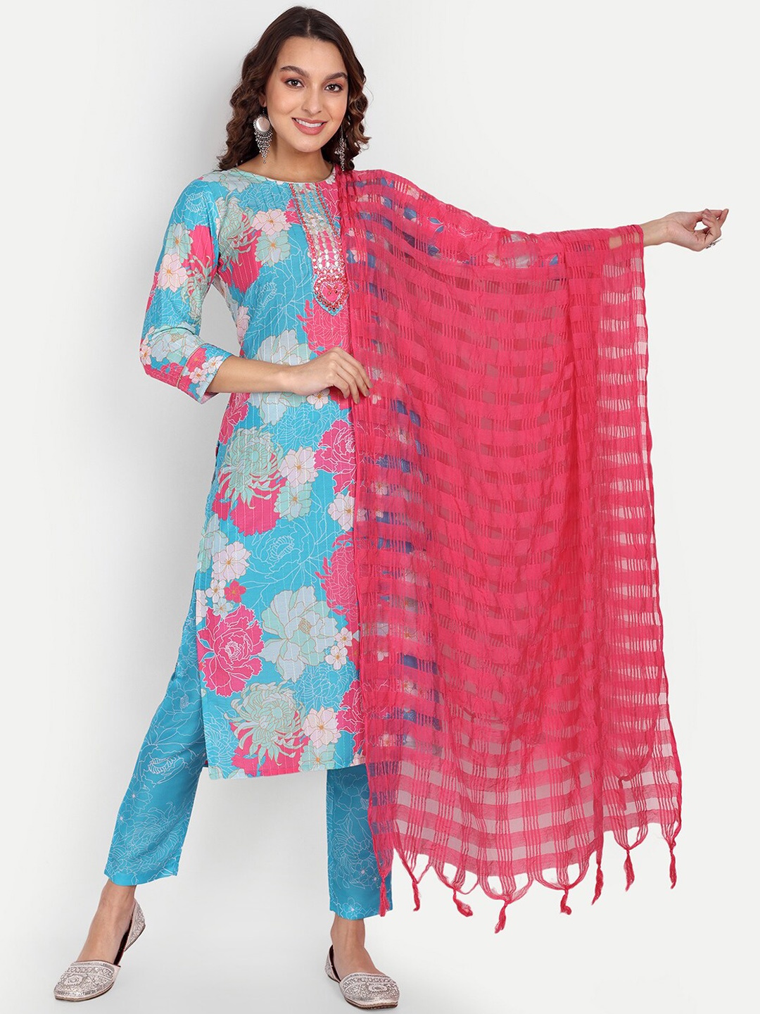 

MARGI DESIGNERS Floral Printed Mirror Work Kurta with Trousers & Dupatta, Blue