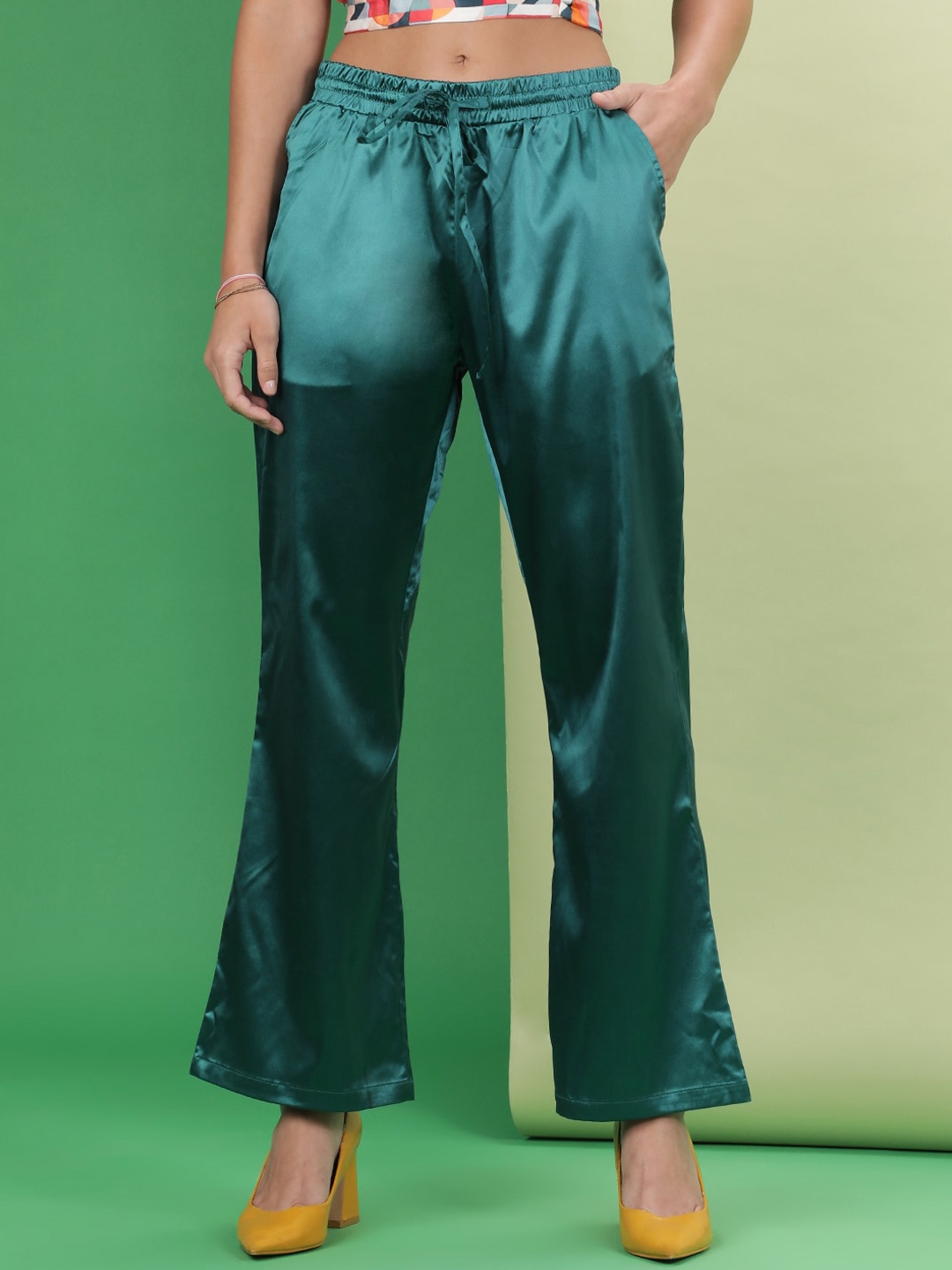 

Freehand by The Indian Garage Co Flat-Front High-Rise Flared Trousers, Green