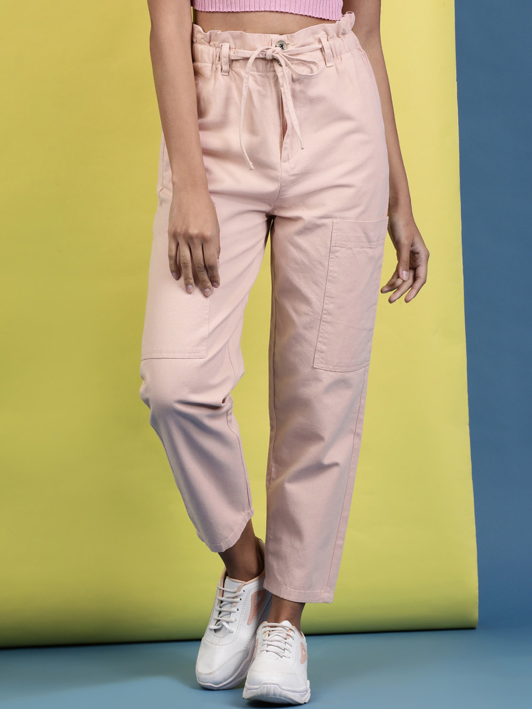 

Freehand by The Indian Garage Co Women Cotton Flat-Front Plain High-Rise Cropped Trousers, Beige