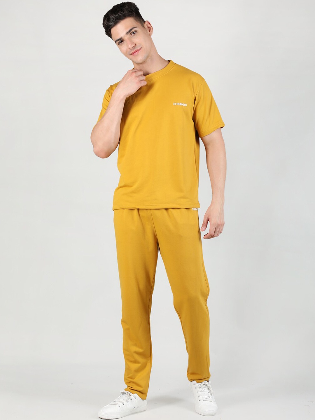 

CHKOKKO Brand Logo Printed T-Shirt & Track Pant Co-Ords, Mustard